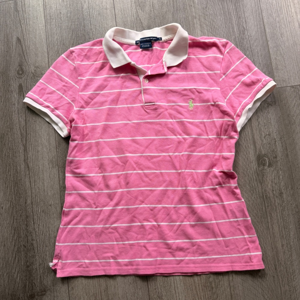 Ralph Lauren Sport Womens L Pink White Stripe Polo Green Pony Slim Fit Y2K